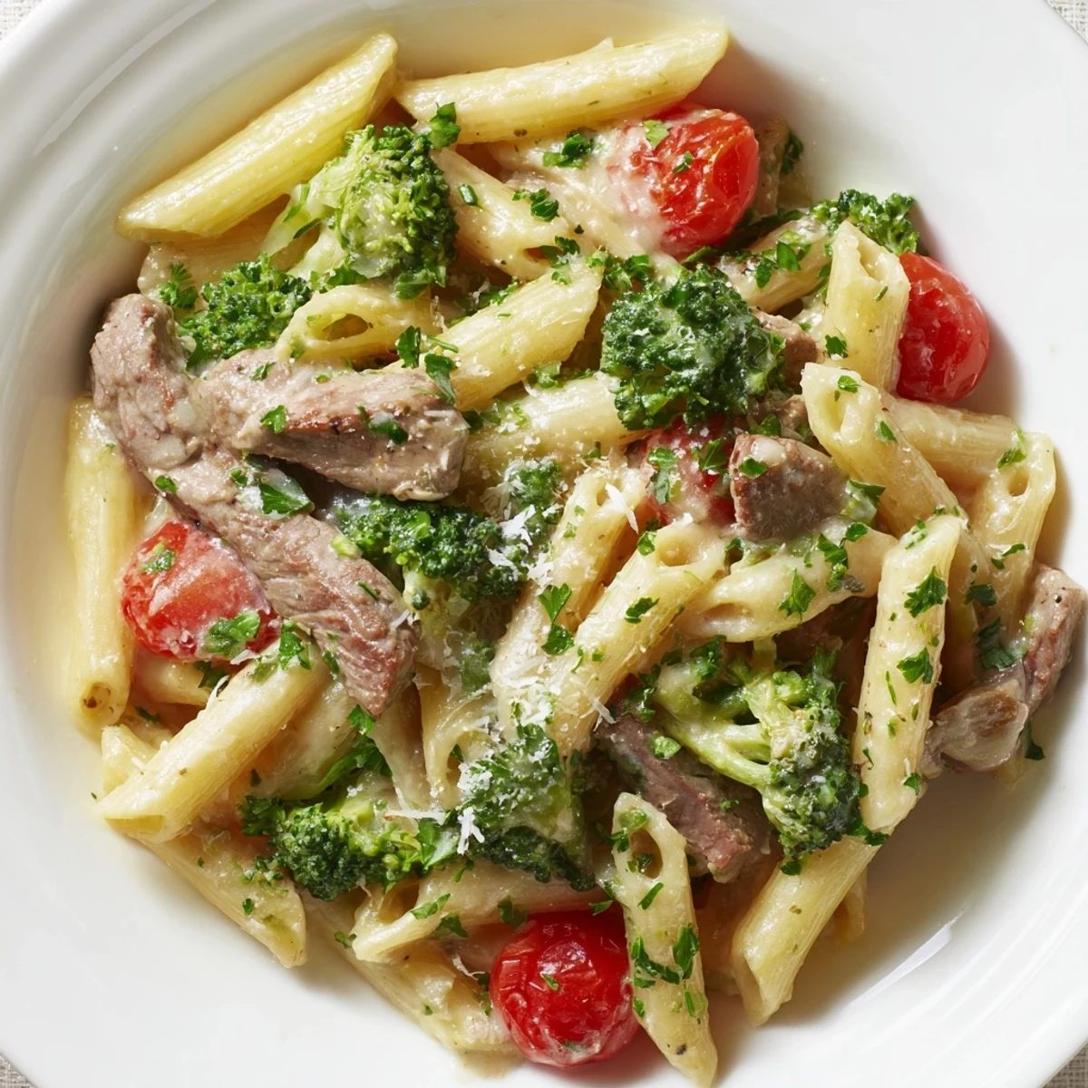 Savory sliced beef tossed with penne broccoli and tomatoes in rich creamy garlic parmesan sauce
