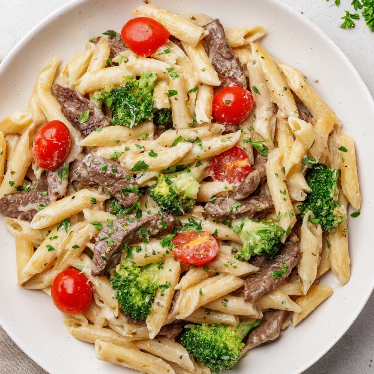 Plate of tender steak penne with fresh broccoli cherry tomatoes and garlic cream coating
