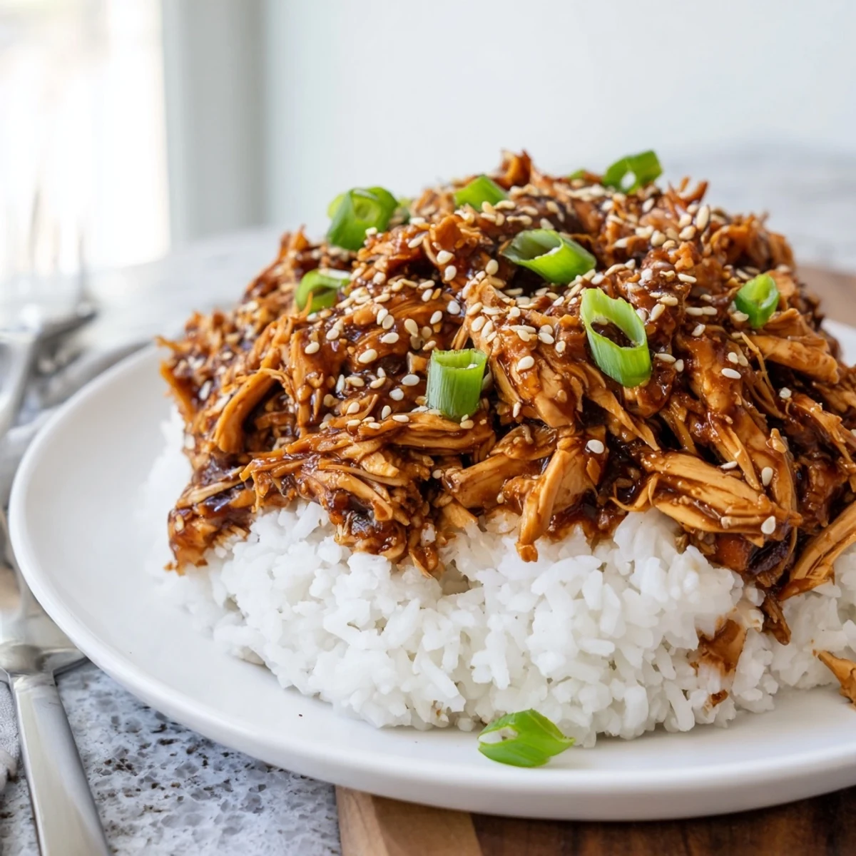 Shredded Crockpot Teriyaki Chicken served over white rice with sesame seed garnish