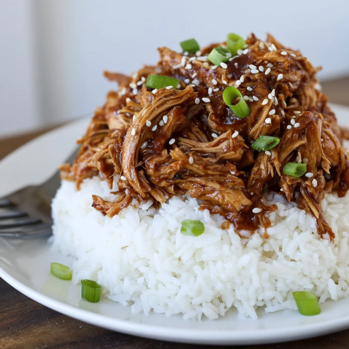 Slow cooker teriyaki chicken with glazed pieces coated in thick savory sauce