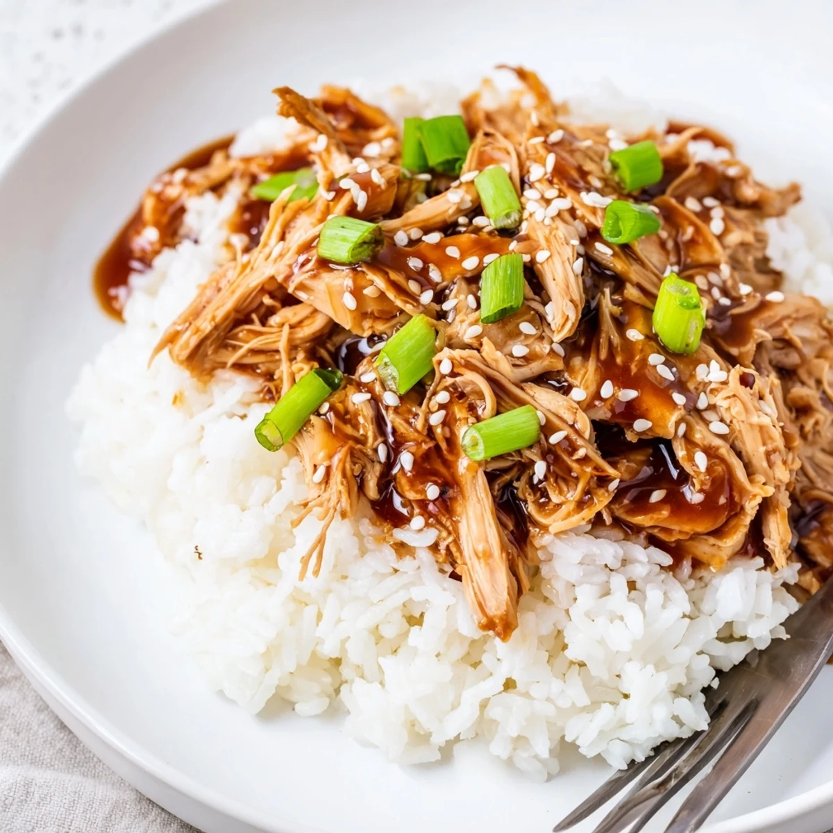 Tender glazed chicken pieces in crockpot with rich brown teriyaki sauce coating
