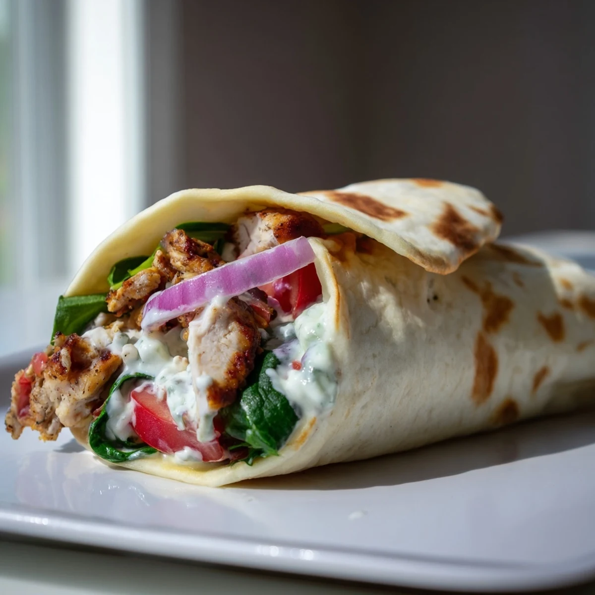 Two grilled low carb cheesy garlic chicken wraps plated with fresh spinach tomato and creamy garlic drizzle