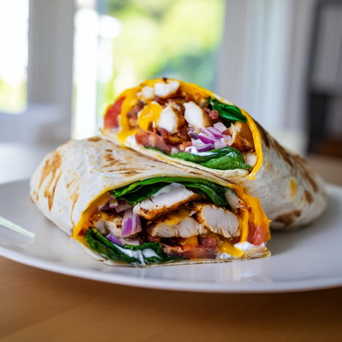 Warm low carb cheesy garlic chicken wraps with golden tortilla oozing melted cheddar and seasoned chicken strips