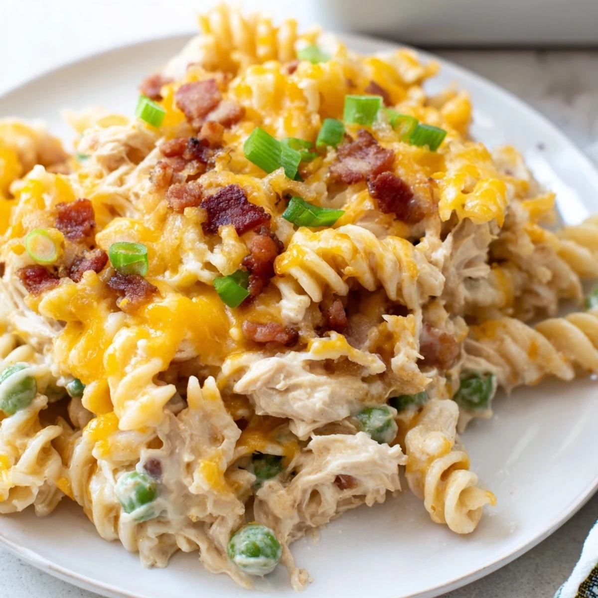 Slow cooker crack chicken casserole with tender pasta, ranch seasoning, and gooey cheese layers