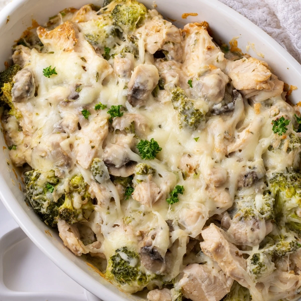 Baked chicken and broccoli in rich parmesan cream sauce served in a white casserole dish