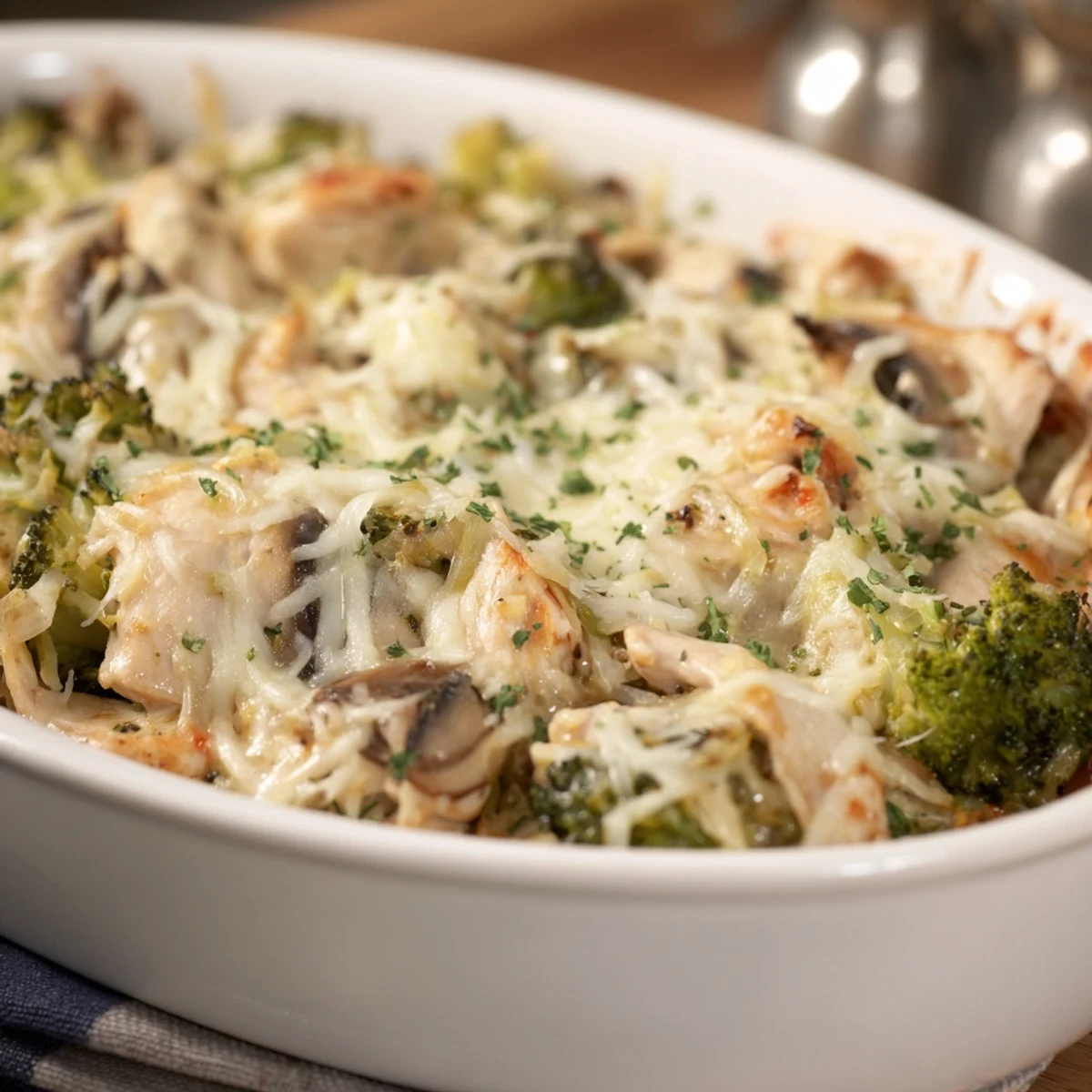 Golden bubbly creamy low carb chicken casserole with melted mozzarella and fresh parsley garnish