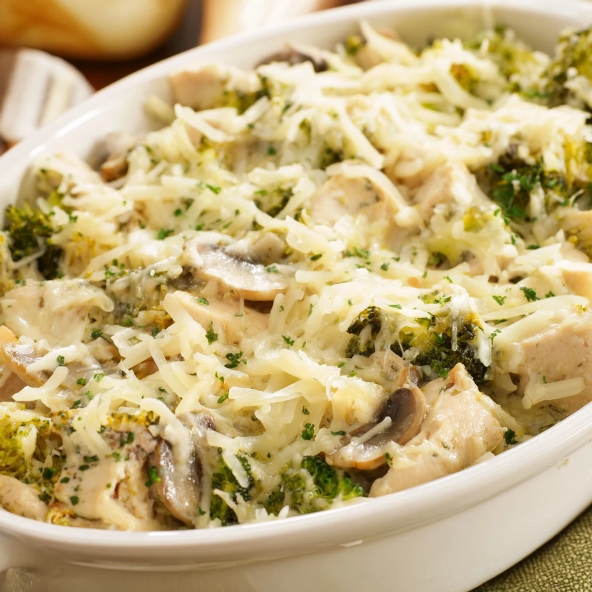 Homemade low carb chicken casserole featuring tender chicken pieces mushrooms and golden melted cheese topping
