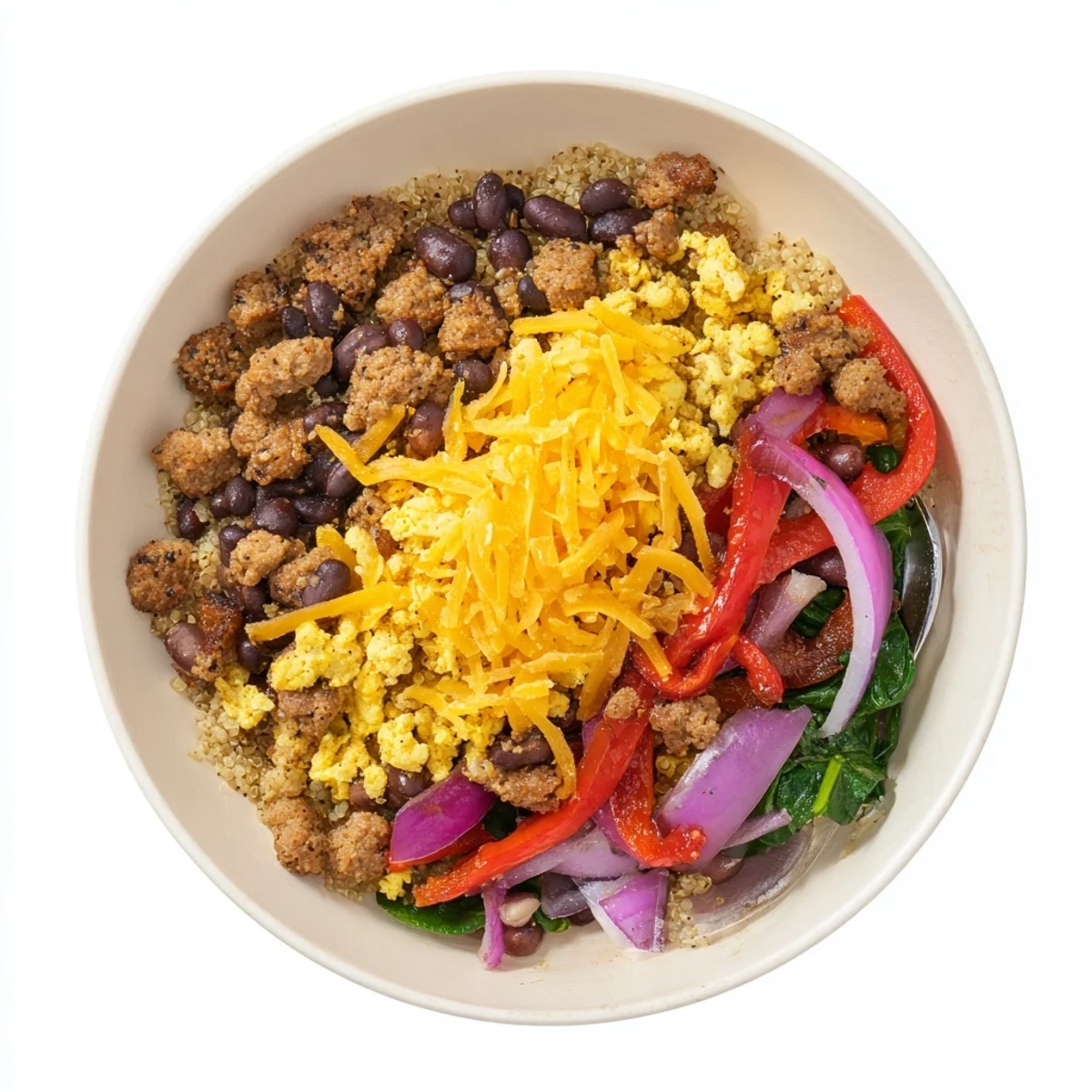 Colorful meal prep containers filled with high protein breakfast bowls featuring fluffy scrambled eggs, savory turkey sausage, black beans, and fresh vegetables over a bed of fluffy quinoa.