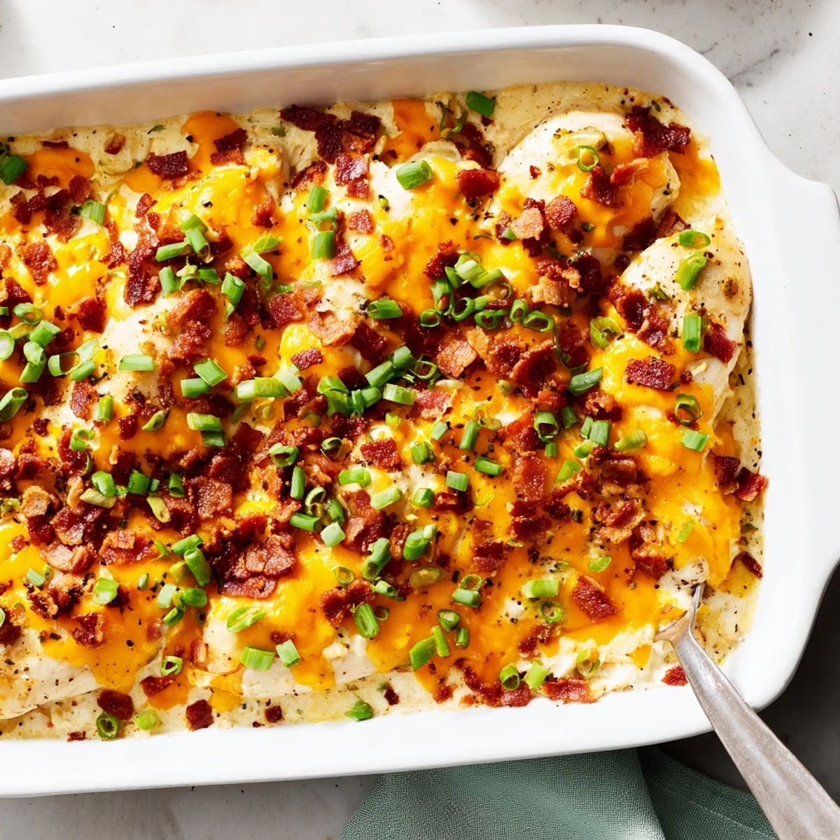 Creamy crack chicken baked with melted cheddar cheese and crispy bacon crumbles topping tender chicken breasts