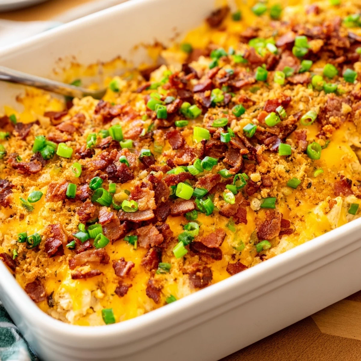 Baked crack chicken casserole with bubbling cheese topping and crunchy bacon pieces garnished with fresh green onions
