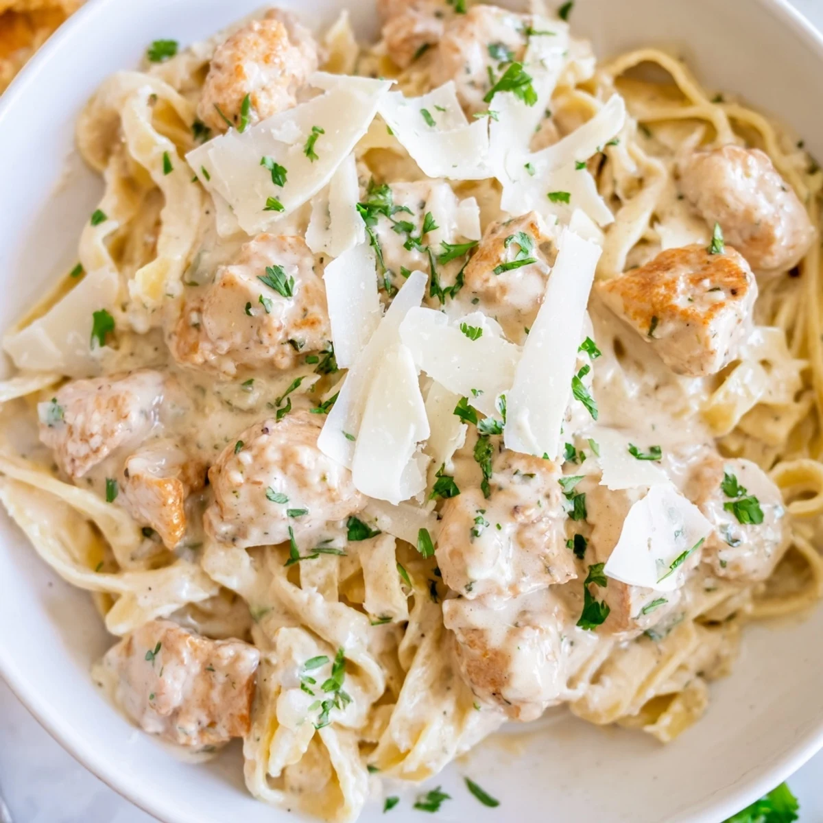Creamy Instant Pot Chicken Alfredo with tender pasta chunks in a rich parmesan garlic sauce