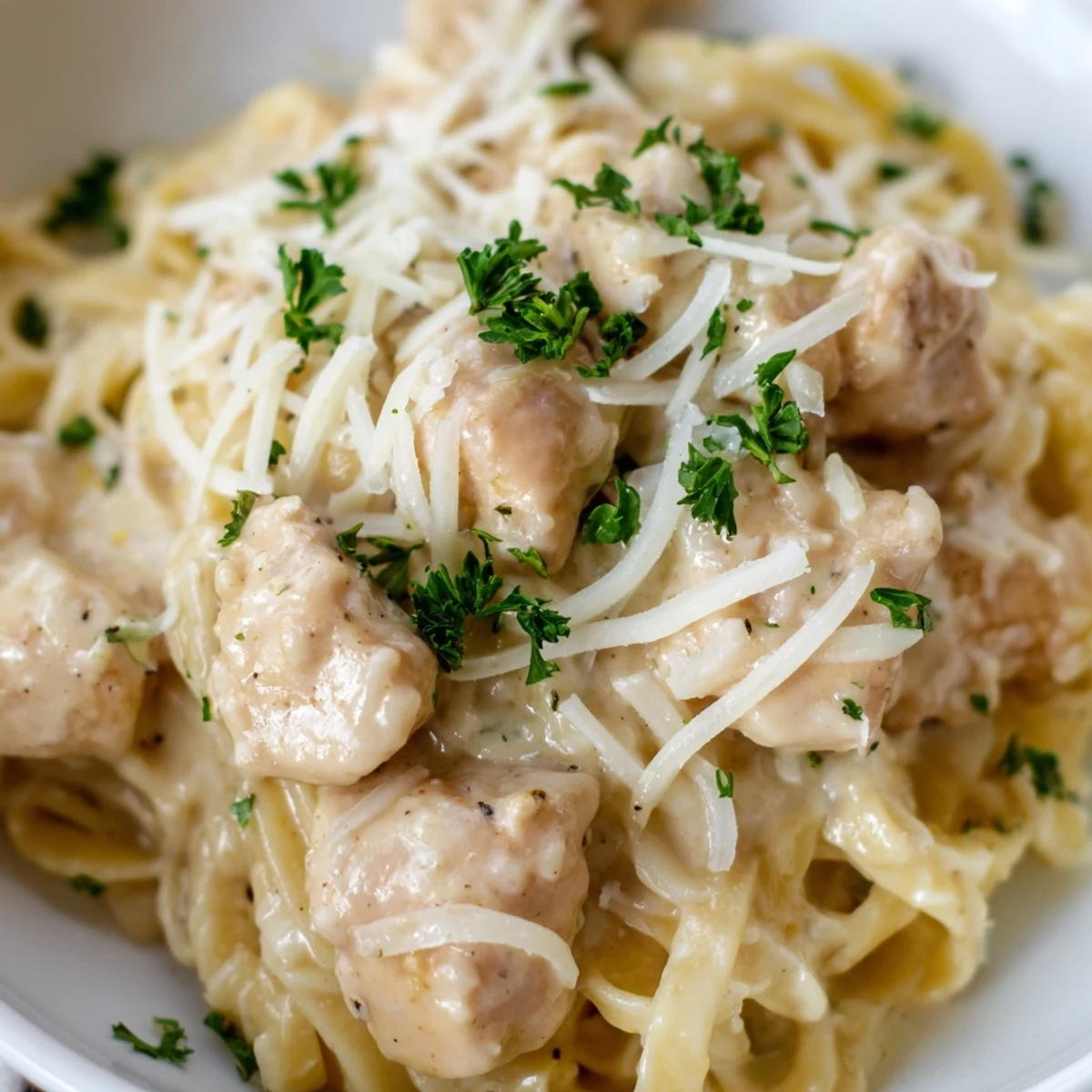 Golden chicken pieces and fettuccine swimming in a luscious white cheese sauce in an Instant Pot