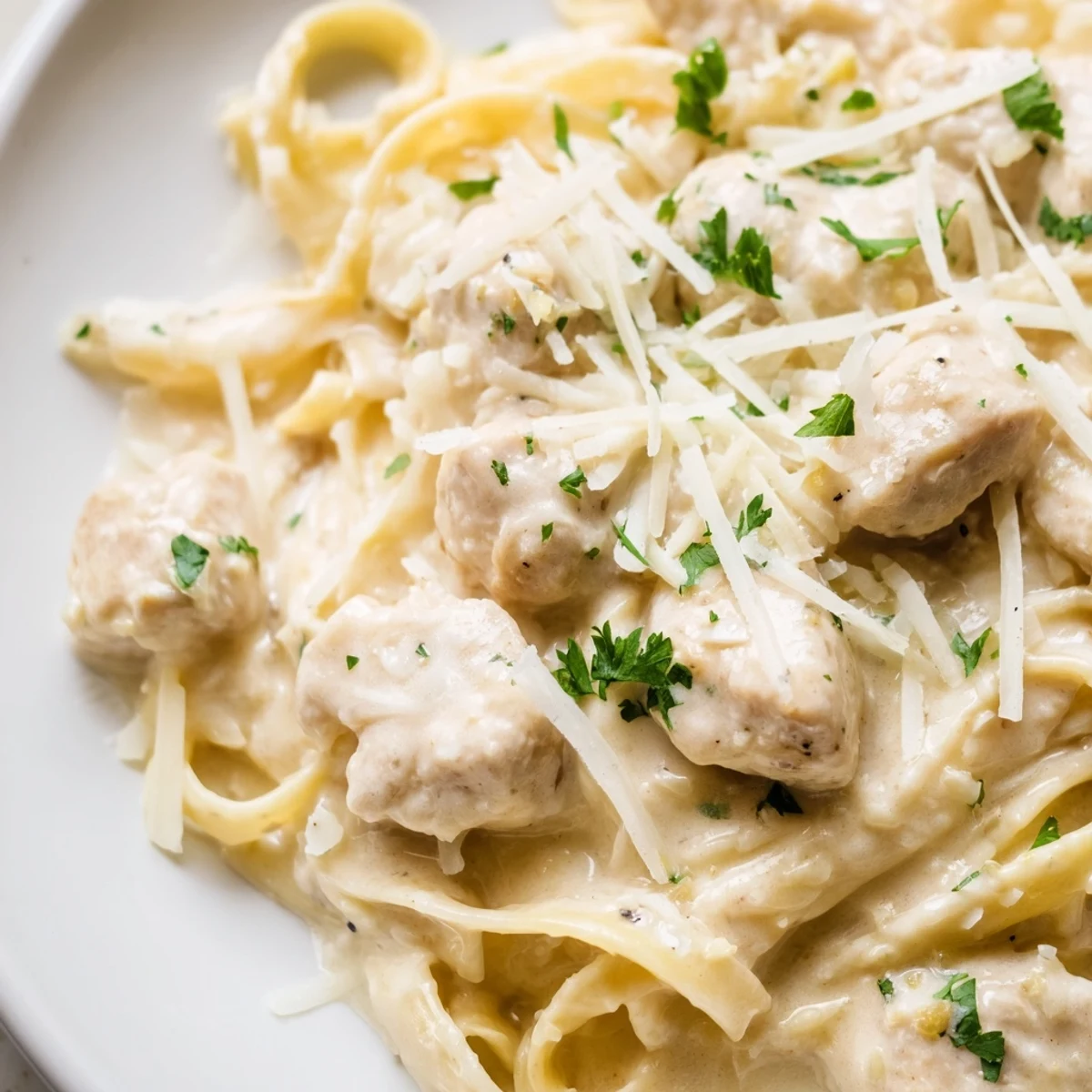 Steaming bowl of Italian-American Chicken Alfredo topped with fresh parsley and extra grated parmesan cheese