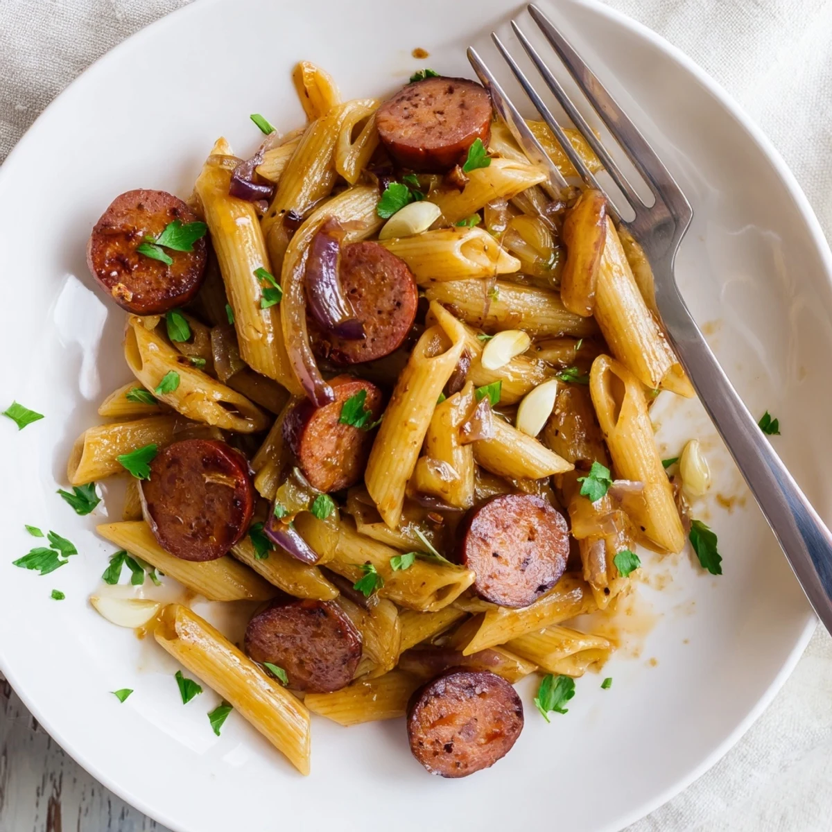 Golden sticky honey garlic sausage pasta skillet glistening with sweet savory sauce coating tender penne noodles