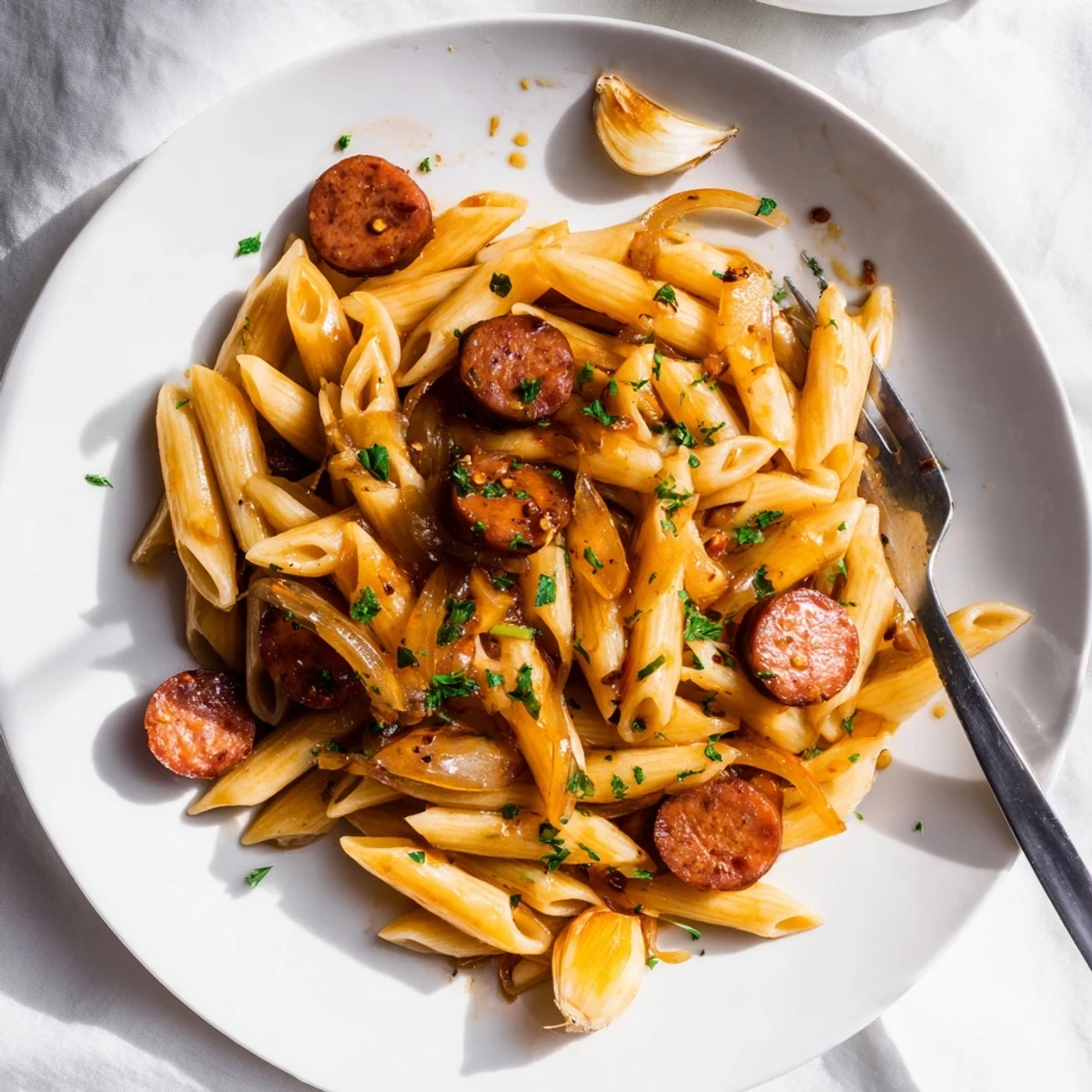 Sizzling skillet of honey garlic sausage pasta featuring caramelized meat slices and glossy red sauce clinging to pasta
