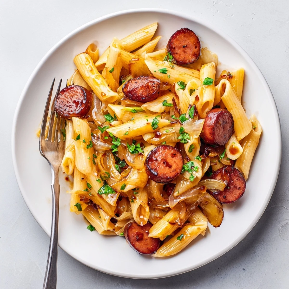 One-pan honey garlic sausage pasta dish garnished with fresh green parsley and served steaming hot in cast iron