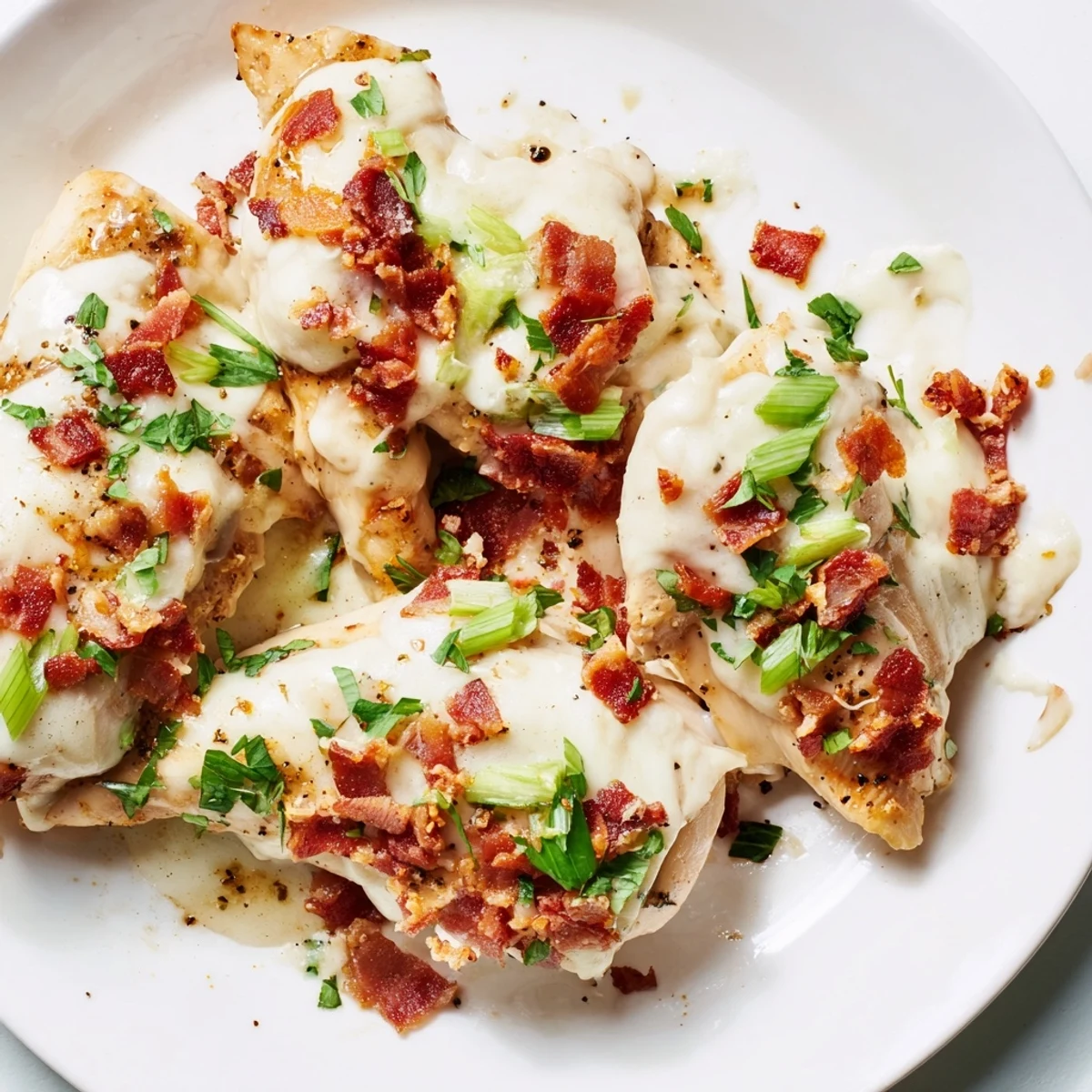 Crockpot Million Dollar Chicken with melted mozzarella and crispy bacon crumbles on top