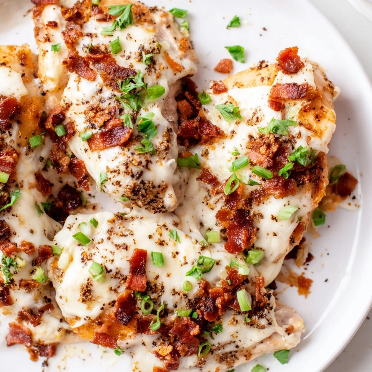 Crockpot Million Dollar Chicken plated with fresh herbs and savory bacon bits sprinkled generously