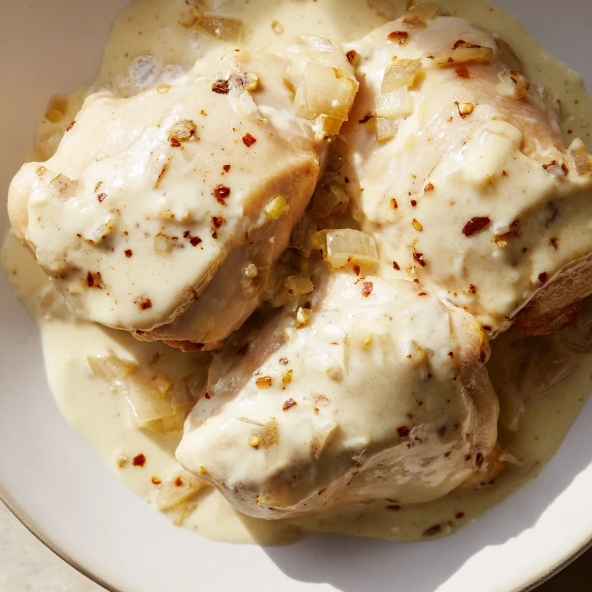 Golden brown chicken thighs swimming in a rich, velvety white gravy sauce