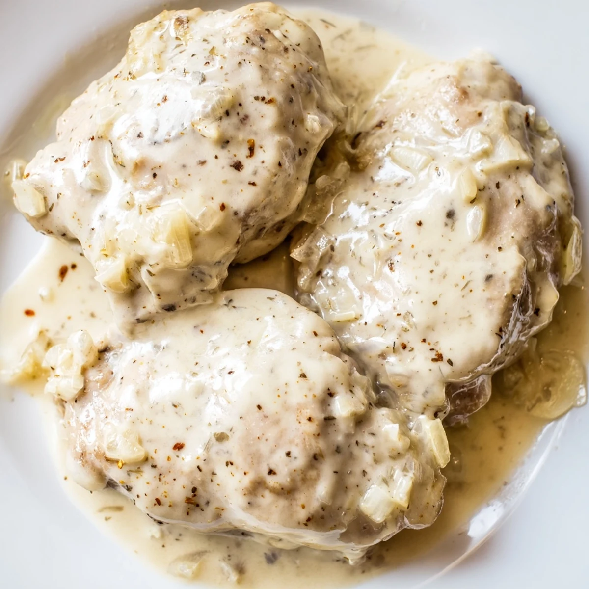 Easy Crockpot chicken thighs served in a luscious thickened creamy white gravy