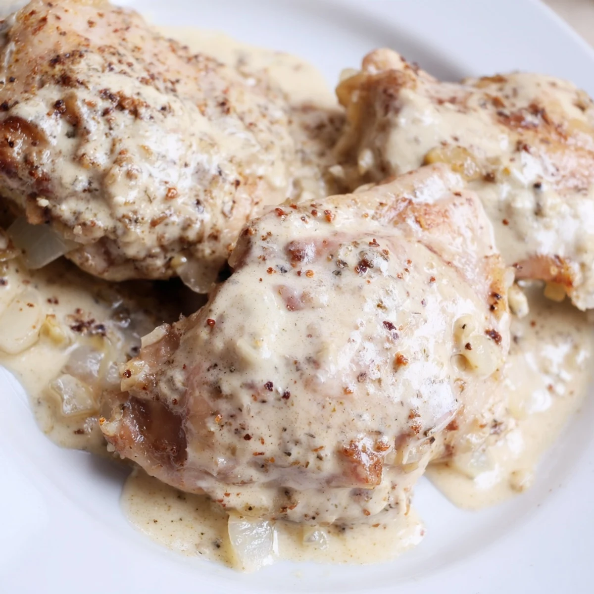 Tender slow-cooked chicken thighs coated in creamy gravy with savory herbs
