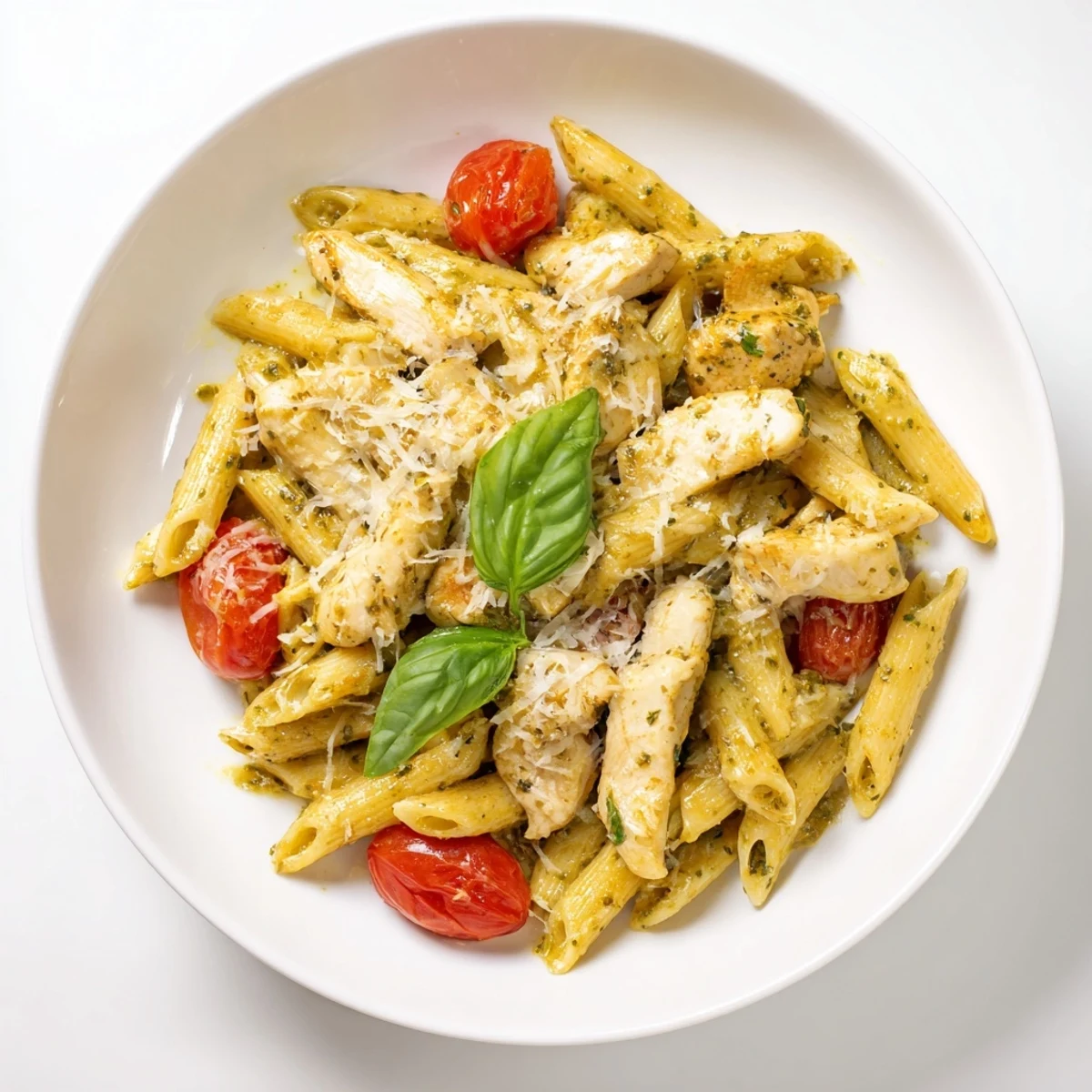 Creamy pesto chicken pasta tossed in rich basil sauce with golden chicken pieces and tender noodles