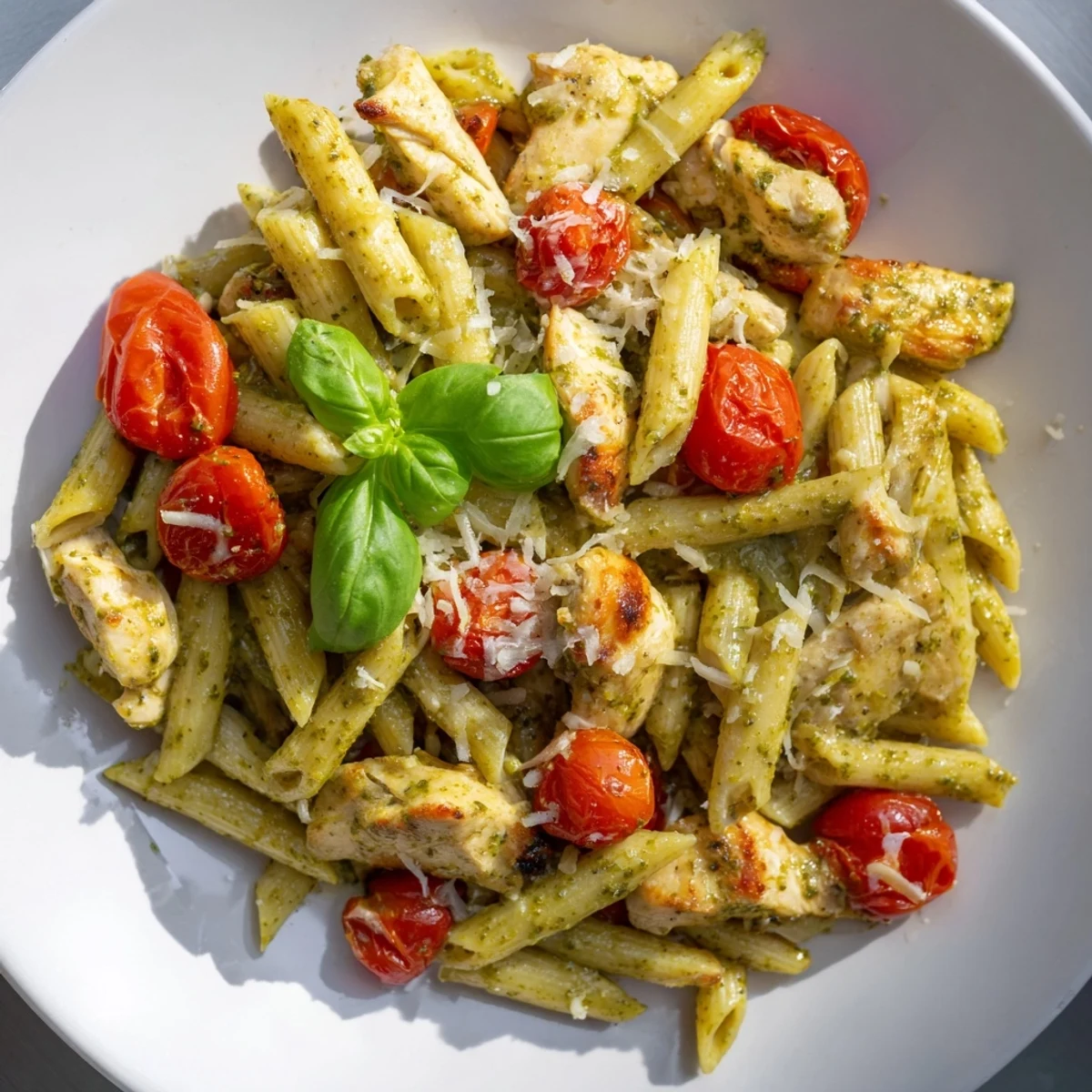 Steamy bowl of creamy pesto chicken pasta garnished with fresh basil and grated Parmesan cheese