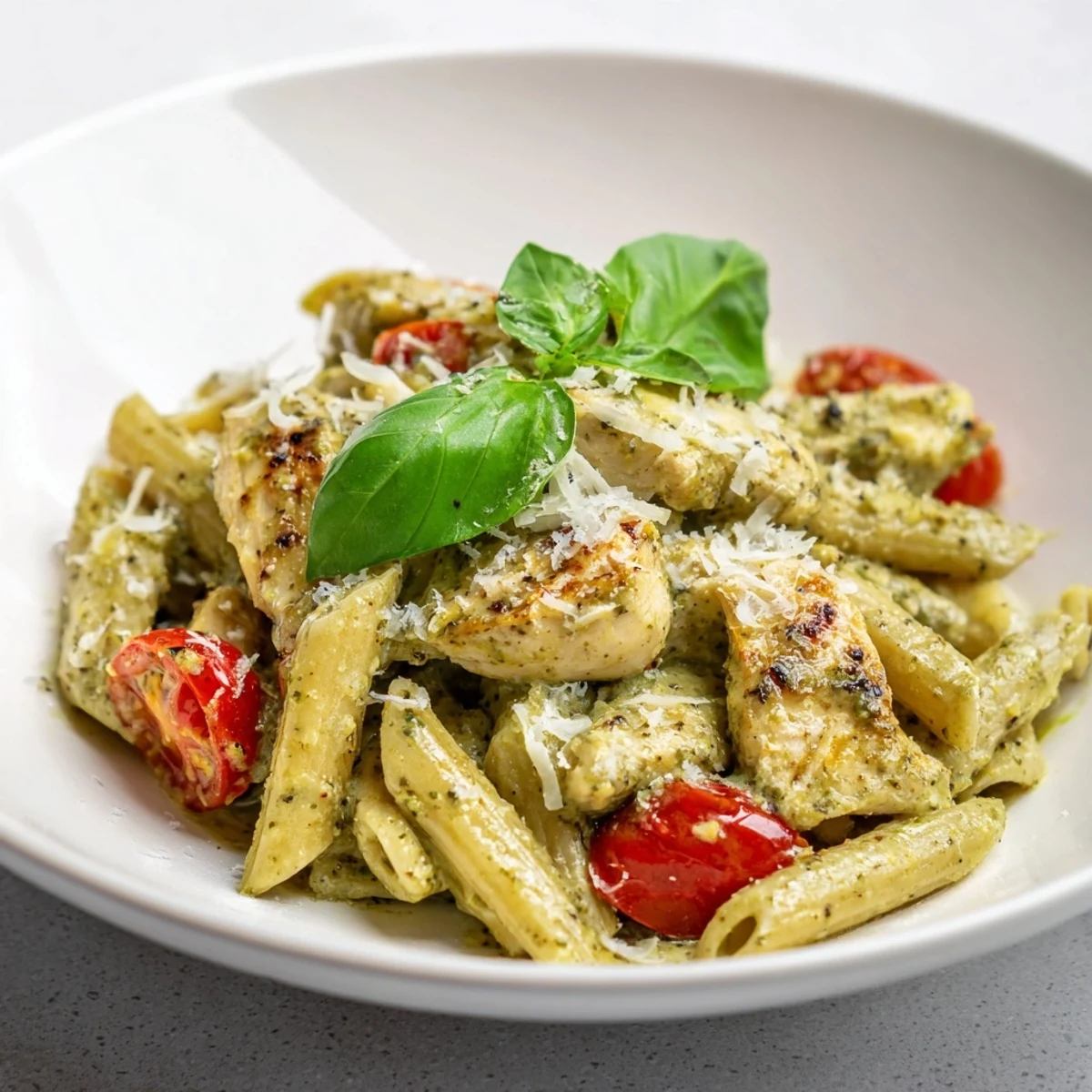 Close-up of creamy pesto chicken pasta showcasing savory coated noodles and juicy bite-sized chicken