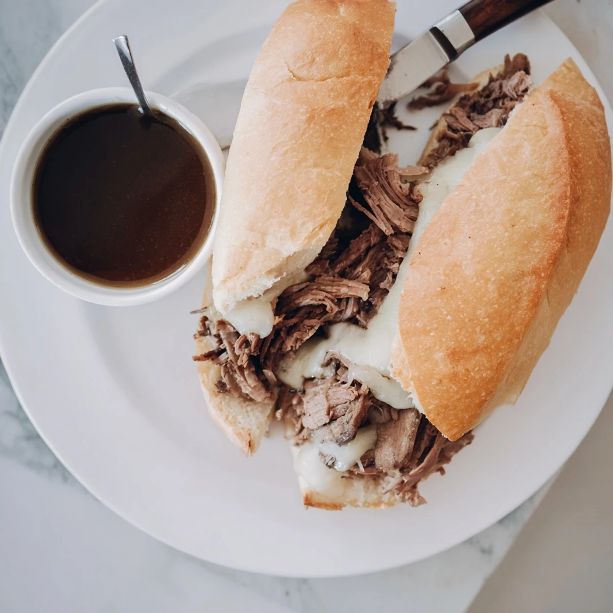Crockpot French Dip Sandwiches with melted cheese on toasted hoagie rolls beside rich au jus dipping sauce