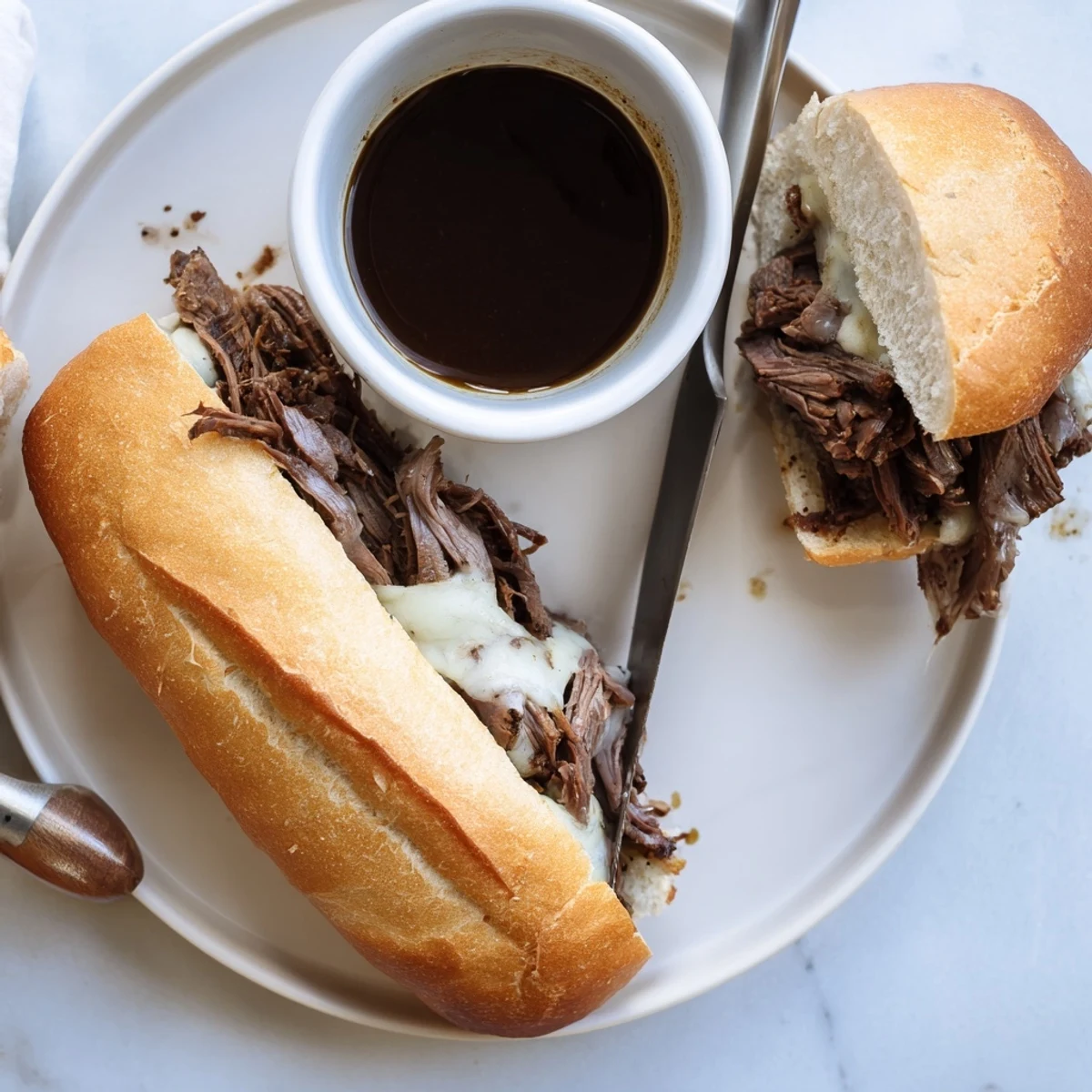 Shredded slow-cooked beef piled onto French rolls with provolone cheese in a hearty Crockpot French Dip Sandwiches platter