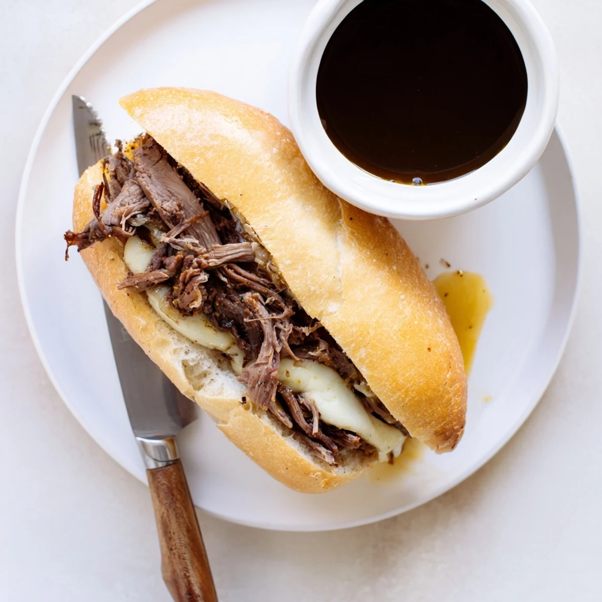 Tender beef sandwiches served on crusty rolls with a small bowl of savory au jus for Crockpot French Dip Sandwiches