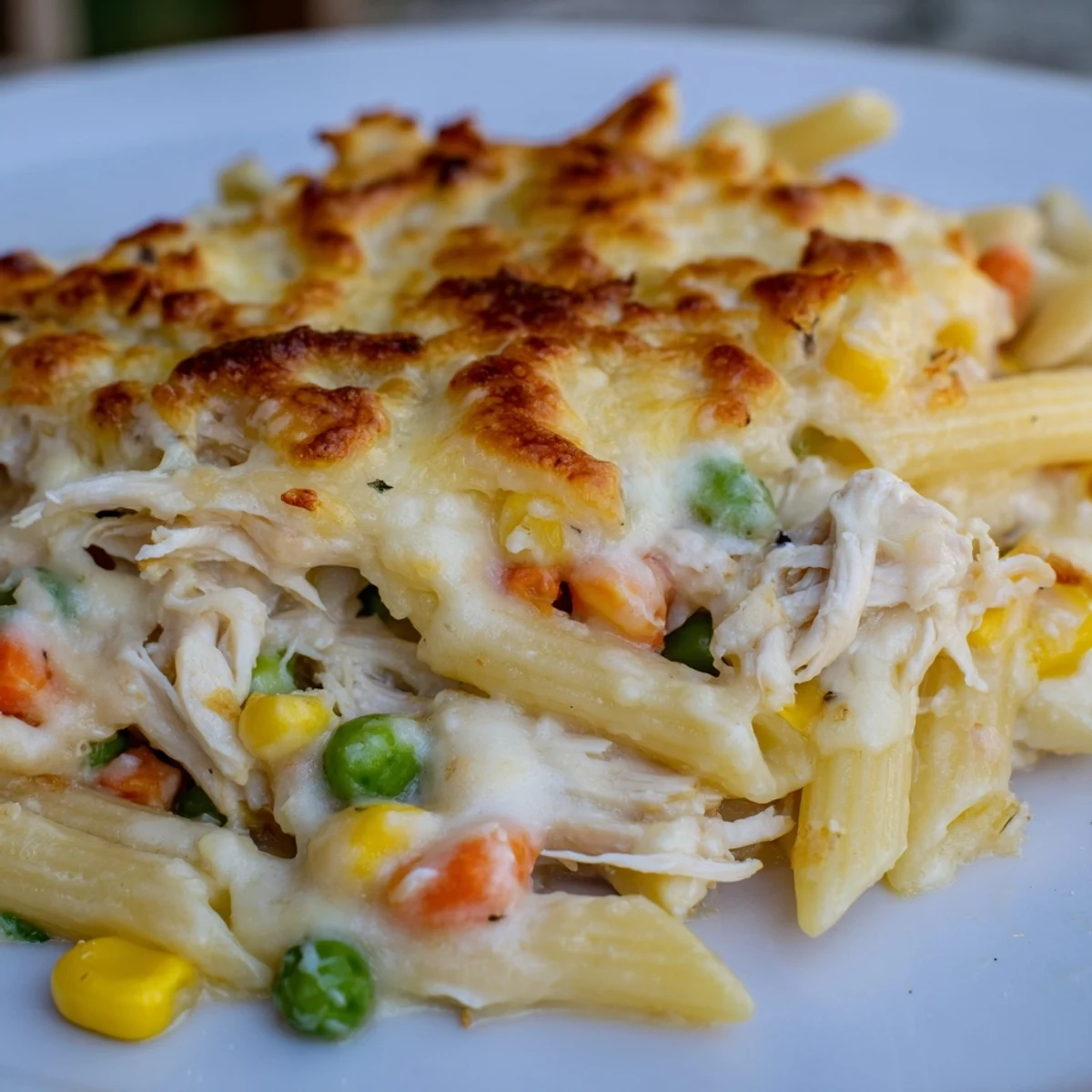 Golden chicken pot pie pasta casserole topped with crispy Parmesan panko breadcrumbs