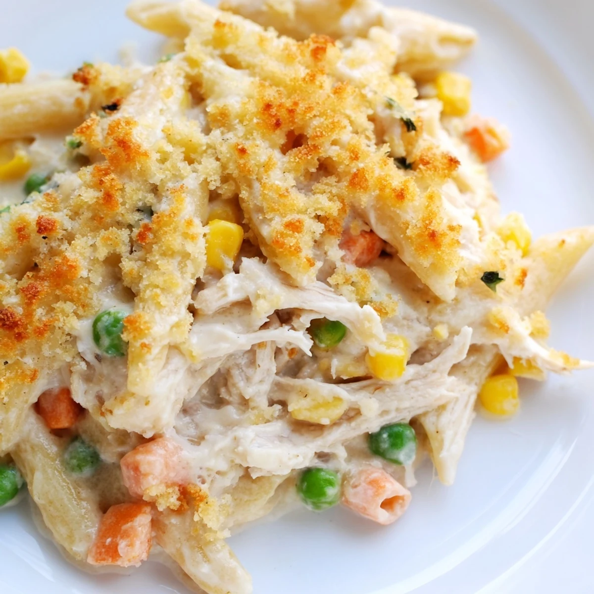 Creamy chicken pot pie pasta bubbling in baking dish with colorful vegetable pieces