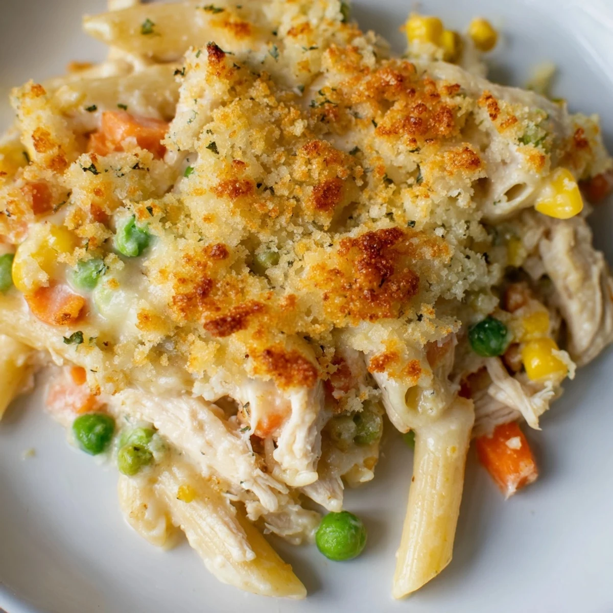 Spoonful of classic chicken pot pie pasta featuring tender chicken and vegetables in rich sauce
