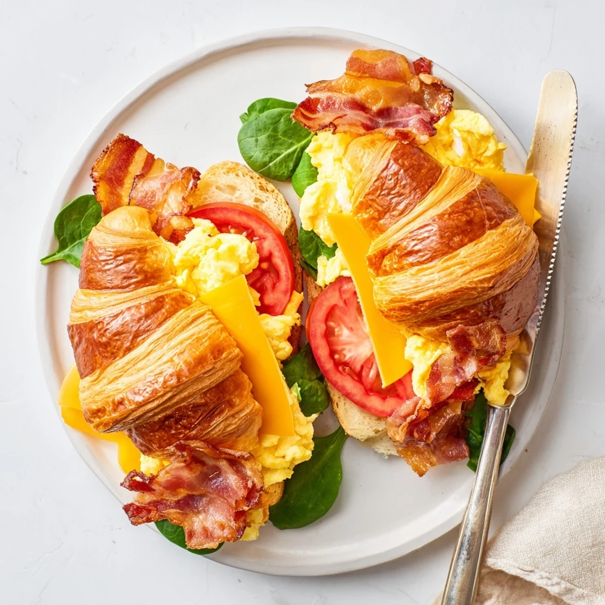 Golden Croissant Breakfast Sandwiches stacked with fluffy scrambled eggs, crispy bacon, and melted cheddar cheese on a wooden board