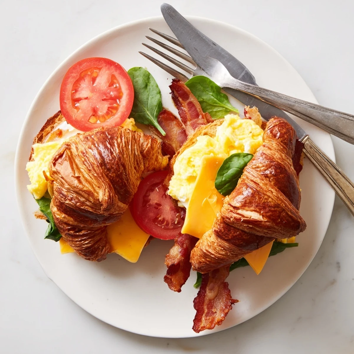 Homemade Croissant Breakfast Sandwiches featuring buttery pastry layers, fresh tomato slices, and baby spinach on a white plate