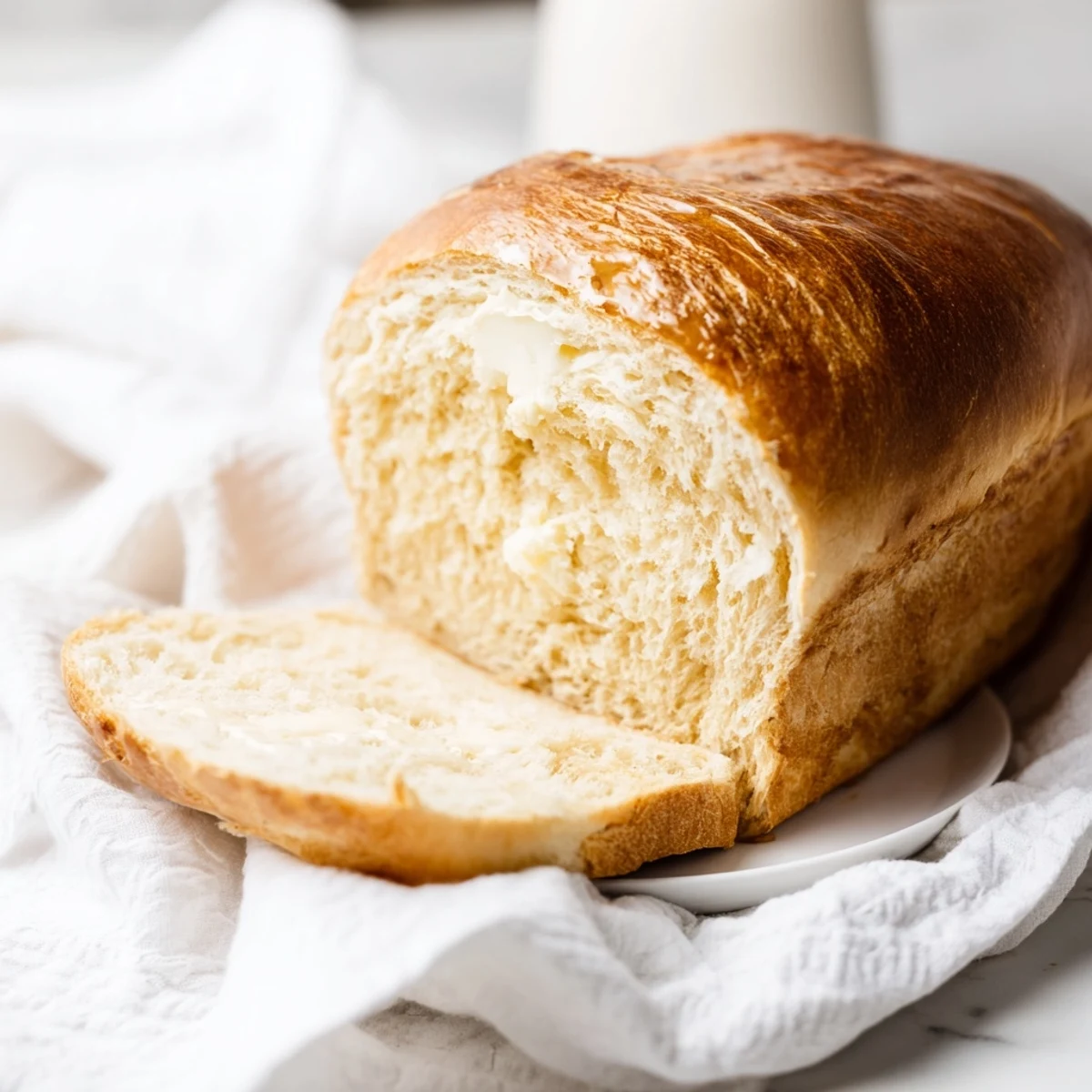Golden brown homemade Amish white bread loaf fresh from the oven with brushed butter topping