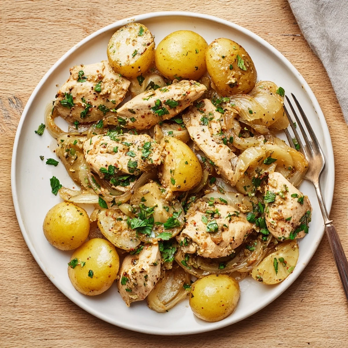 Golden slow cooker garlic Parmesan chicken breasts nestled beside tender baby potatoes in a rich creamy sauce