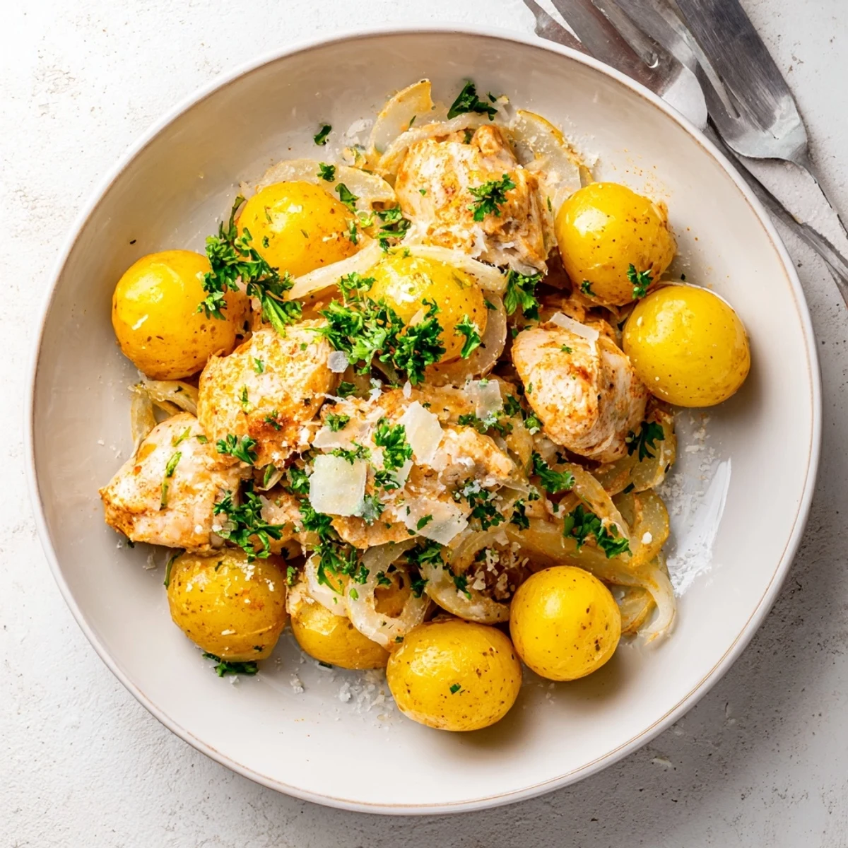 Fork-tender chicken thighs and baby potatoes topped with grated Parmesan and fresh parsley after hours of slow cooking