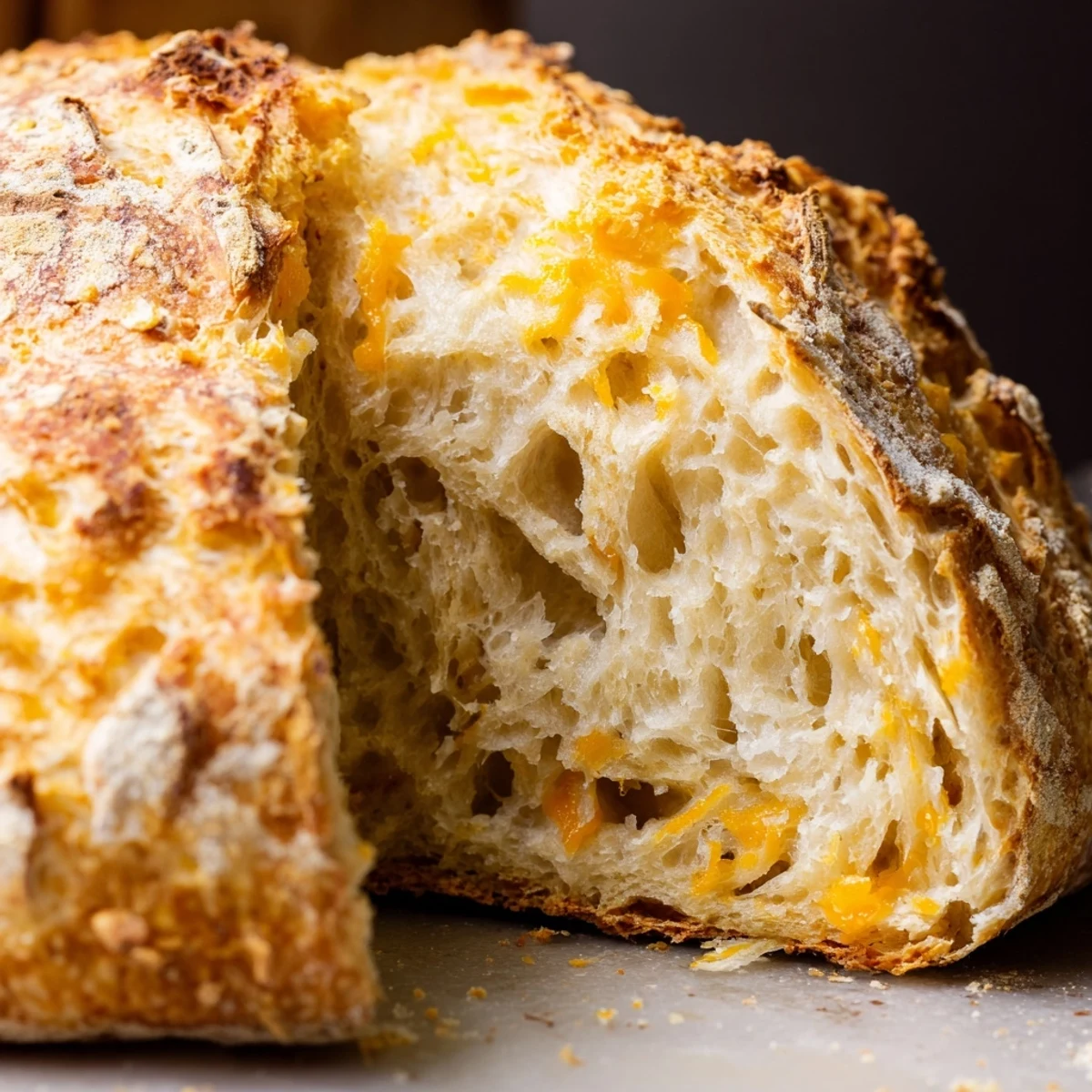 Golden no knead cheddar bread with a crispy crust and tender cheesy interior