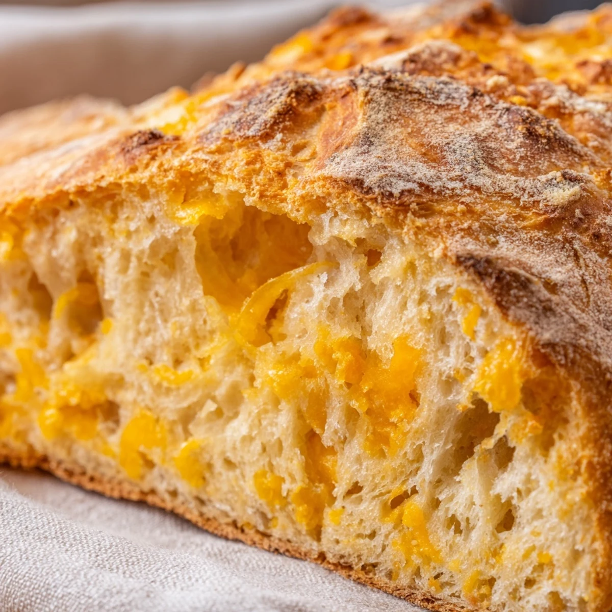 Sliced no knead cheddar bread revealing the soft fluffy cheese-filled crumb inside