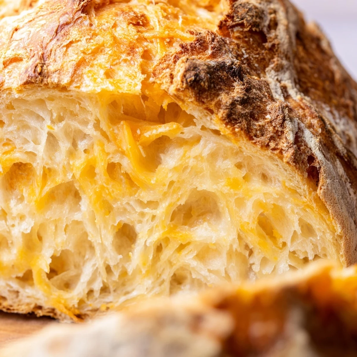 Rustic no knead cheddar bread loaf featuring a deeply browned crackling crust