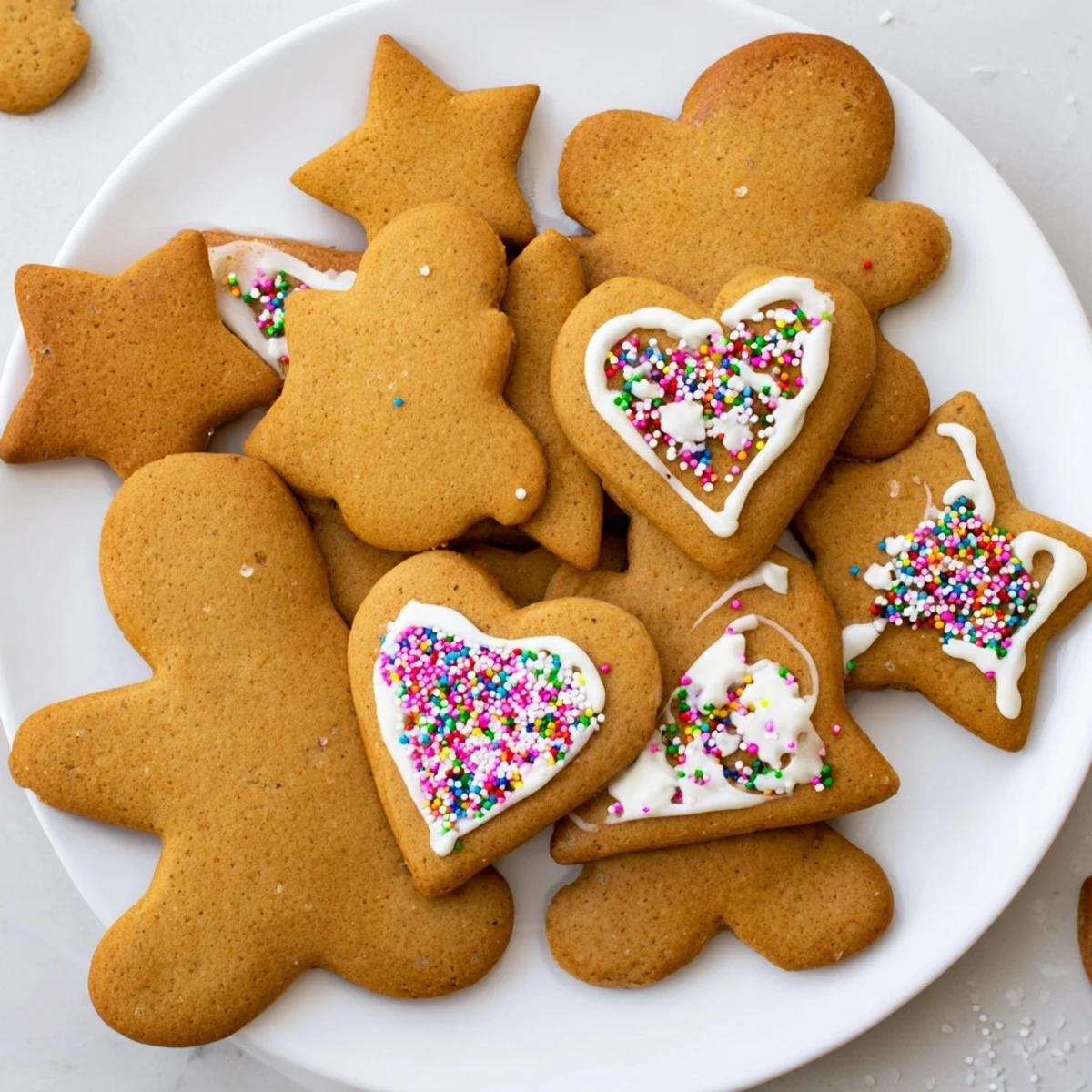 Golden brown classic cut out gingerbread cookies decorated with white icing and colorful sprinkles on a wooden board