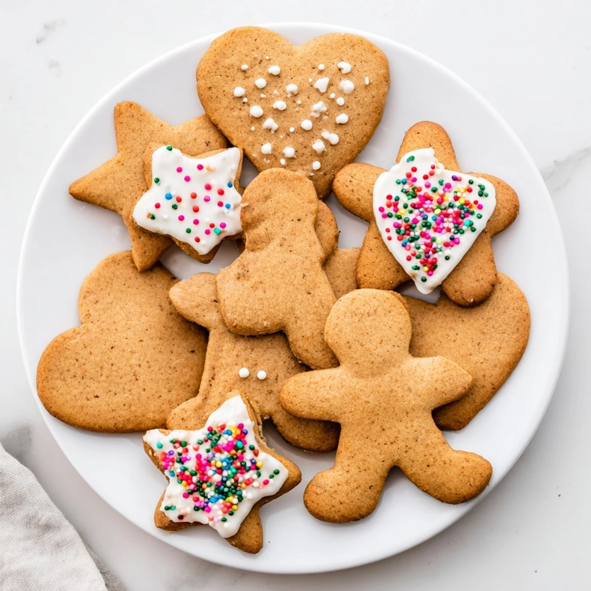 Freshly baked classic cut out gingerbread cookies cooled on wire rack ready for holiday decorating with vibrant toppings