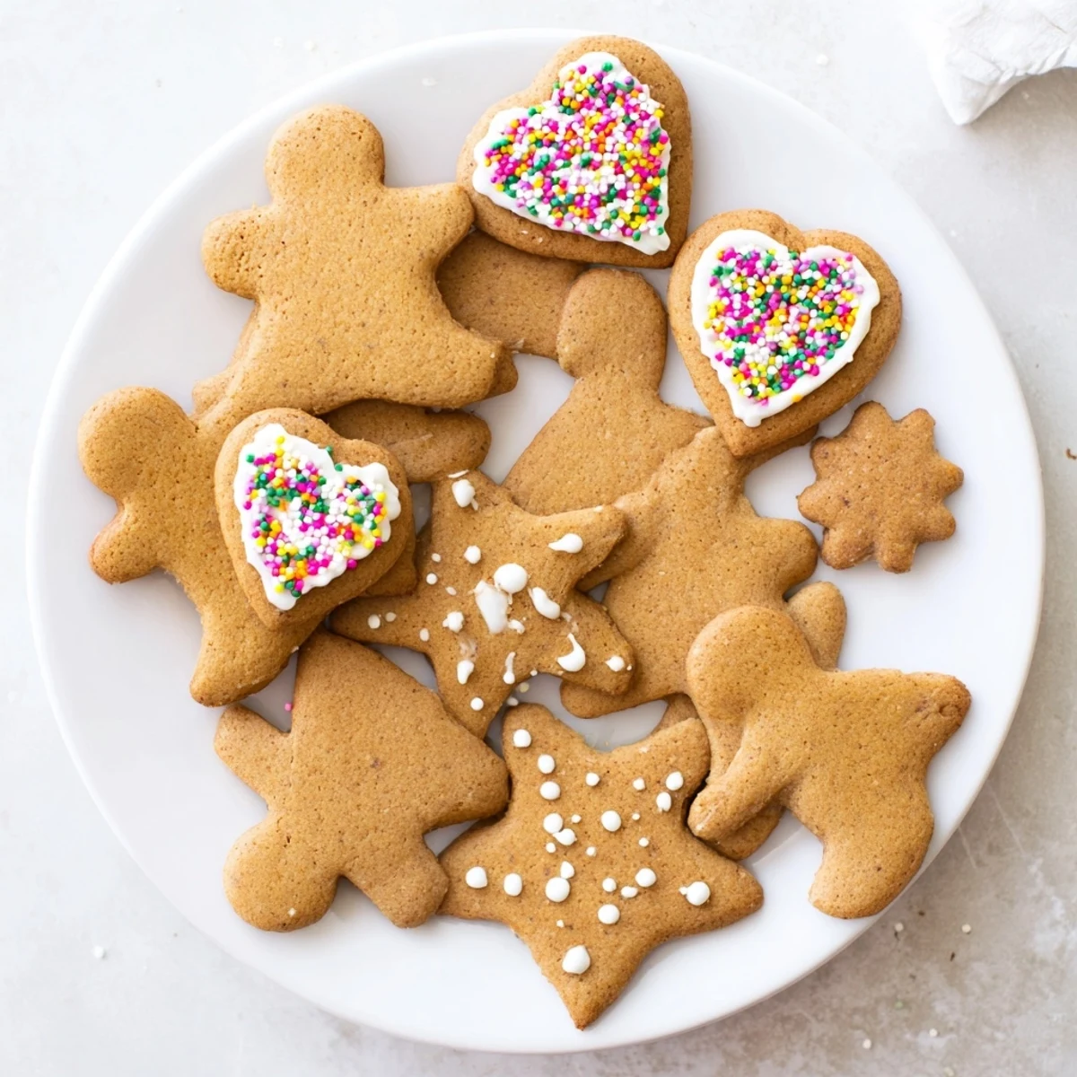 Soft spiced classic cut out gingerbread cookies arranged in festive shapes with piped royal icing details