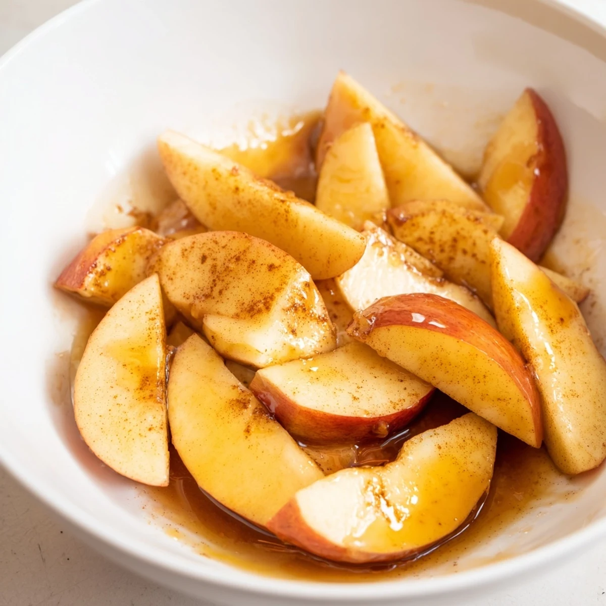 Golden Instant Pot cinnamon apples served in a white bowl with visible cinnamon specks and glistening syrup