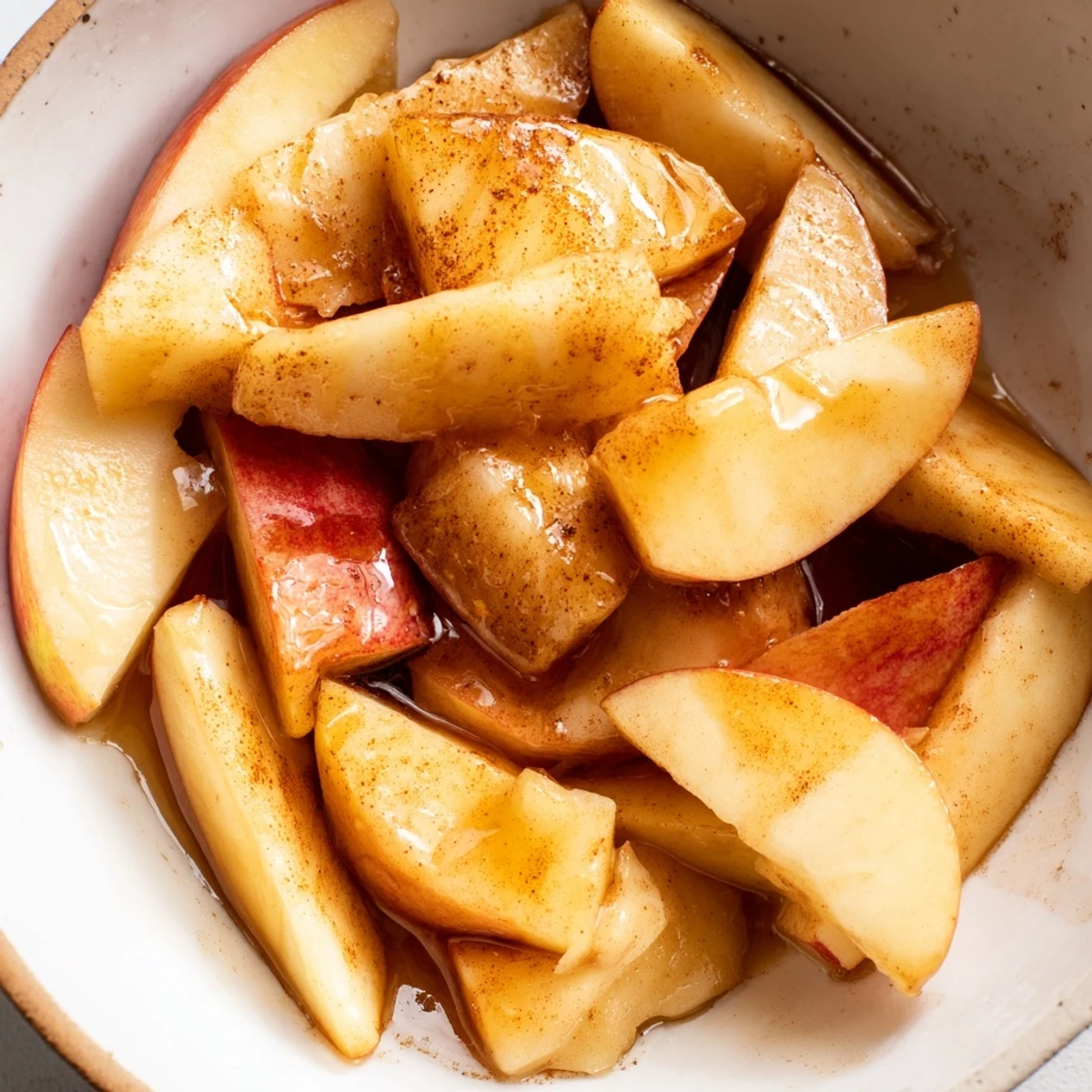 Tender spiced apple slices piled high after pressure cooking with melted butter coating each piece
