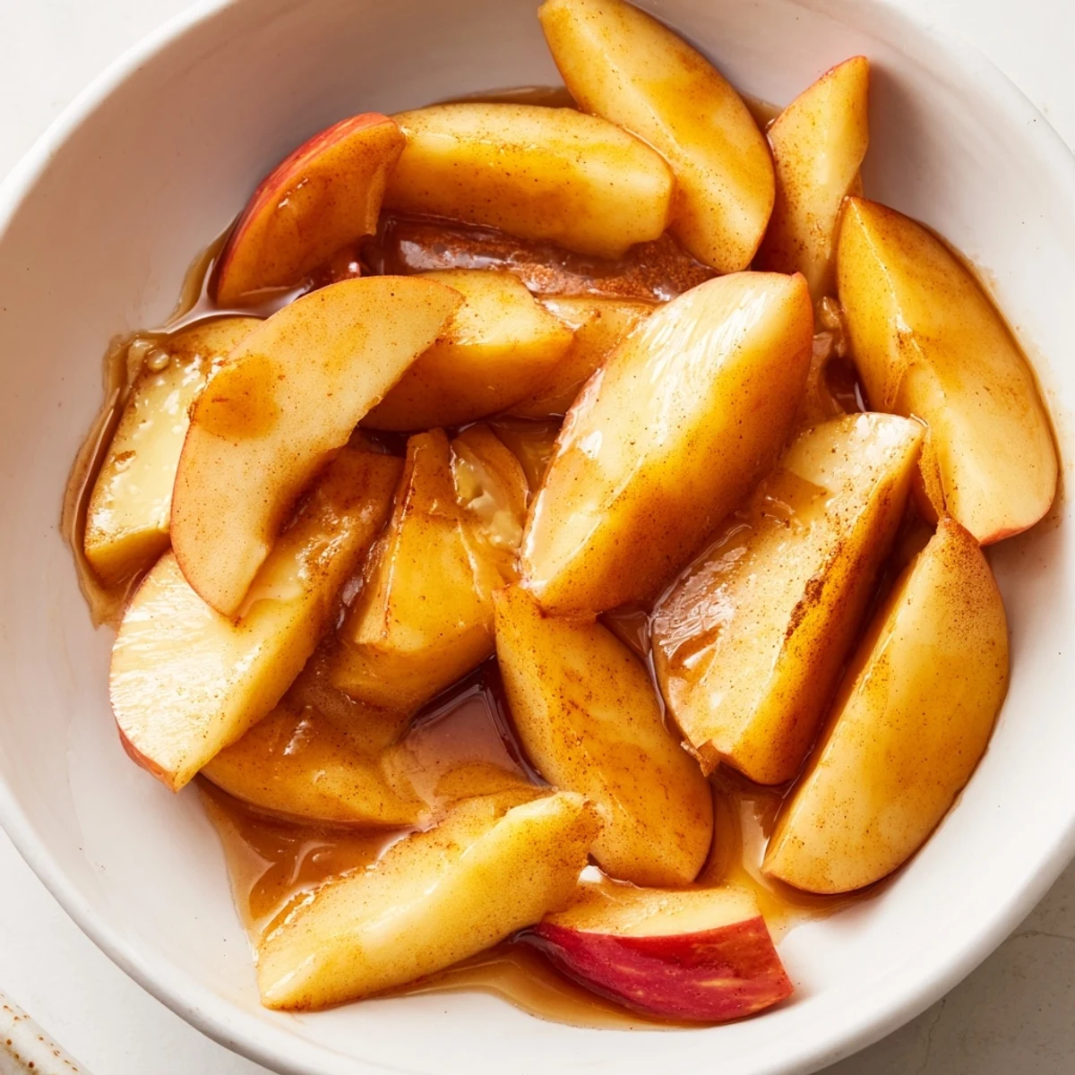 Warm brown sugar and cinnamon apples garnished with extra ground spice ready for dessert or breakfast topping