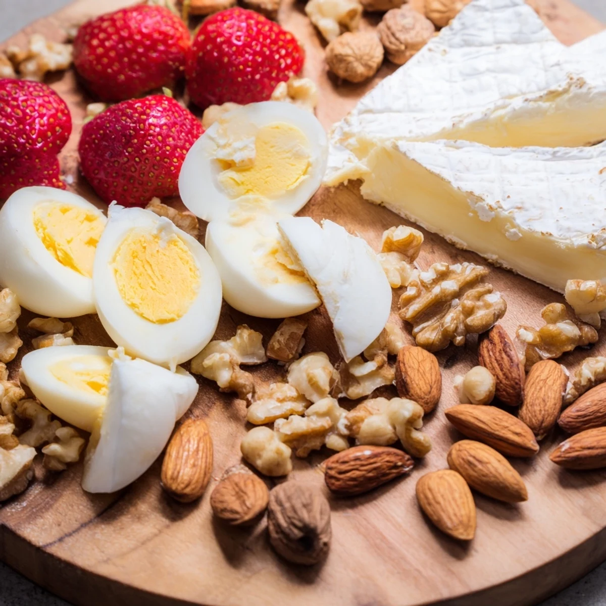 Colorful breakfast charcuterie board arranged with prosciutto, cheeses, fresh berries, pastries, and honey for sharing