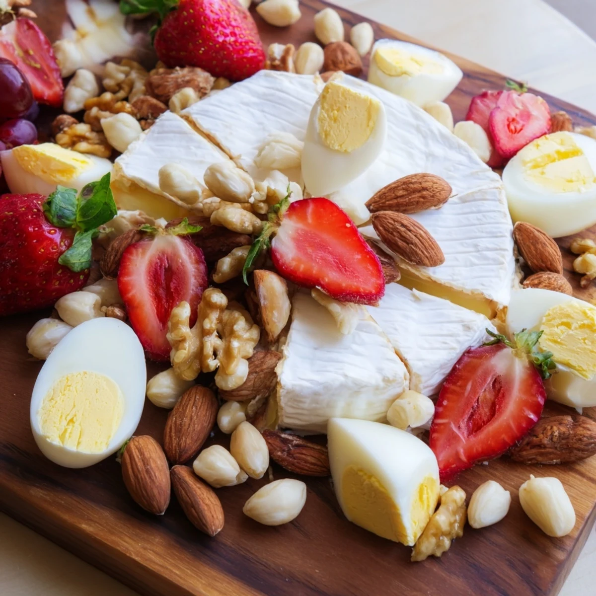 Crowd-pleasing breakfast charcuterie board featuring bacon, brie, bagels, boiled eggs, and colorful seasonal fruits